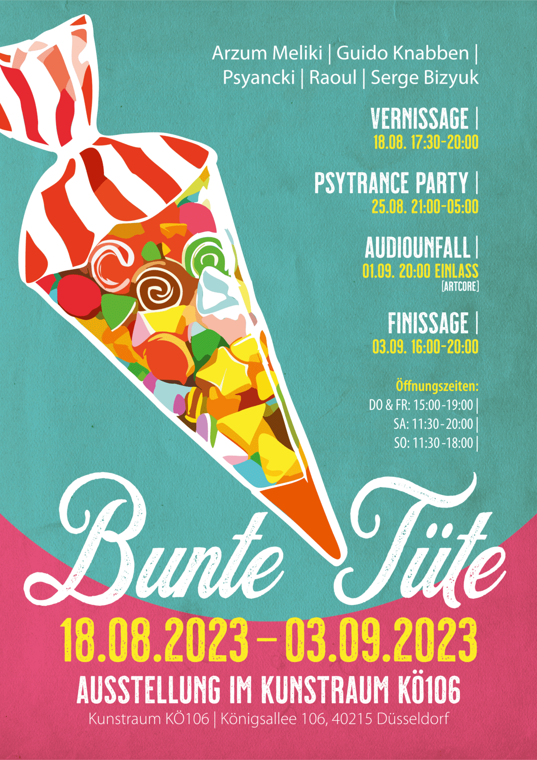 You are currently viewing Bunte Tüte – Ausstellung im Kunstraum KÖ106 in Düsseldorf // 18.08. – 03.09.2023 // Einladung